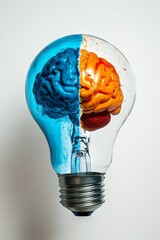 Poster - Creative brain concept blue and orange brain halves inside a lightbulb.