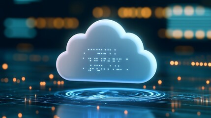 Poster - glowing cloud icon on digital background for technology, data storage, and internet concepts