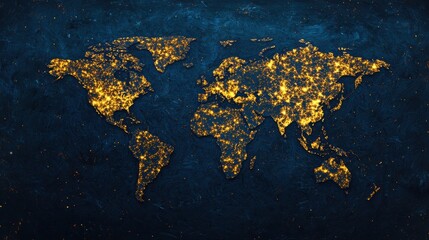 Poster - A detailed map of the world illuminated with golden lights against a dark background, symbolizing connectivity and global presence.