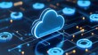© Tackey - Glowing Cloud Icon Surrounded by Digital Network Connections and Data Symbols in Blue and Black Colors
