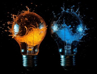 Poster - Two light bulbs filled with splashing orange and blue liquids against a black background.