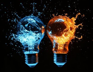 Poster - Water and fire inside light bulbs, clashing elements concept.