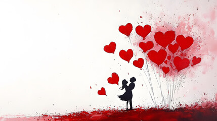 Aufkleber - A romantic silhouette of a couple surrounded by floating red hearts, evoking love and affection against a soft, abstract background