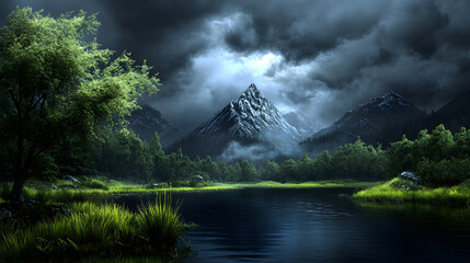 Poster - A serene landscape featuring a dark, misty mountain, lush greenery, and a calm river under an overcast sky