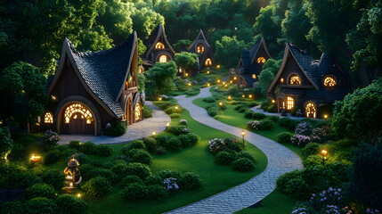 Poster - A serene village scene with charming houses nestled among lush greenery, illuminated by warm lights along a winding path