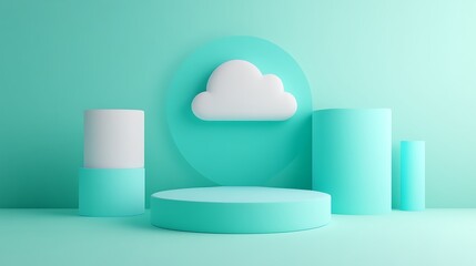 Poster - Minimalist 3D Stage with Cloud Icon and Geometric Shapes in Soft Turquoise Color Palette for Creative Projects