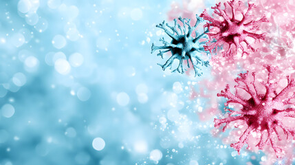 Poster - A colorful, abstract representation of viruses, depicted in pink and blue against a soft, sparkling background
