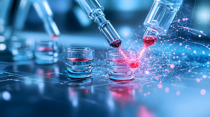 Aufkleber - A futuristic lab scene featuring pipettes pouring vibrant red liquid into small glass vials, surrounded by a sparkly digital effect