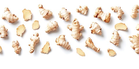 Wall Mural - ginger root slices and leaves on a white surface