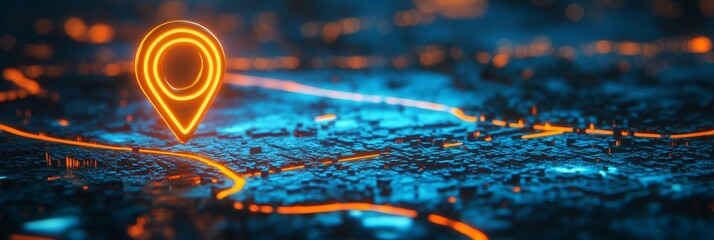 Poster - Glowing location pin on a digital city map.