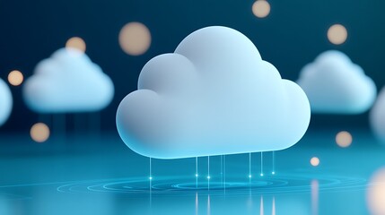 Poster - soft 3d cloud illustration with shimmering lights against abstract blue background for creative use