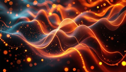 Poster - abstract digital waveform in vibrant orange light with glowing particles