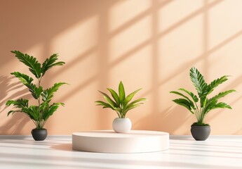 Poster - Minimalist interior with plants and a white podium against a peach wall.