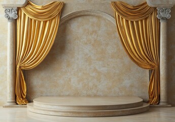 Aufkleber - Elegant empty stage with gold curtains and marble columns.