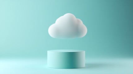 Poster - Soft White Cloud Floating Above a Light Blue Circular Platform in a Minimalist Studio Environment