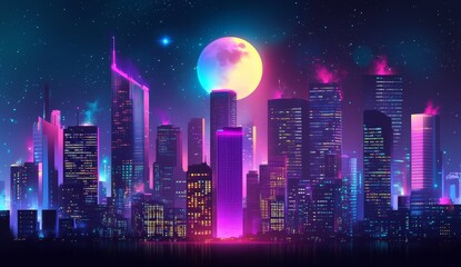 Poster - Neon-lit cityscape at night, vibrant skyscrapers under a full moon.