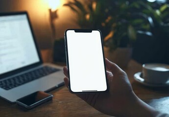 Fototapete - Hand holding smartphone with blank screen, laptop, coffee, and plant on wooden desk at night.