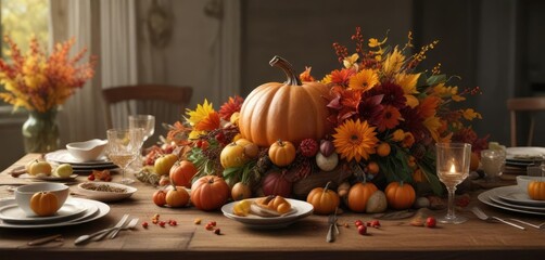 A stunning and colorful fall-themed centerpiece for the Thanksgiving dinner table, warm colors, rustic charm, natural elements