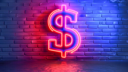 Poster - Dollar sign neon on dark background, copy space