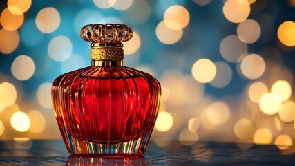Poster - Elegant red glass perfume bottle glimmers against a sparkling bokeh background, Elegant red glass perfume bottle with sparkling bokeh background