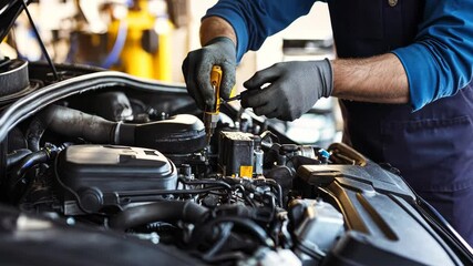 Aufkleber - Mechanic repairs car engine in garage during afternoon hours, A male mechanic is working on repairing car engine in auto repair shop