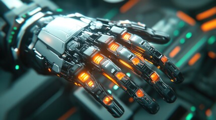 Poster - Futuristic robotic hand with intricate designs and glowing orange accents against a high-tech background, showcasing advanced technology and innovation in robotics.
