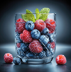 Poster - Cocktail decorated with different berries, gray background.