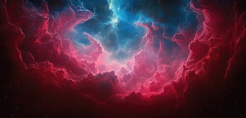 Aufkleber - The astral world, red, large land masses hovering in the air, nebulous blue clouds in the background.