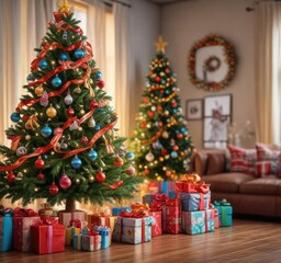 a festive and colorful christmas tree decorated with wrapped packages and ribbons , holiday decor, c