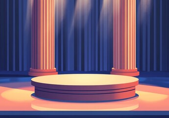 Poster - Illuminated stage with columns and round pedestal.