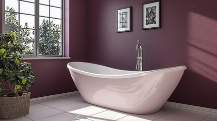 Poster - A warm mauve painted bathroom with a luxury tub and tile flooring.