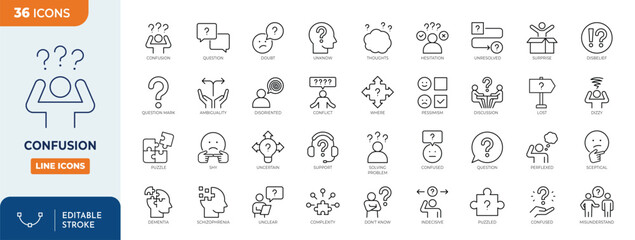 Confusion line editable icon set. Containing confused, uncertain, lost, unclear, misunderstand, hesitation, ambiguity, and more. Vector illuatration