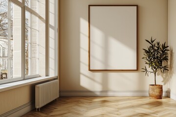 Fototapete - Empty wood frame with a thin border, leaning casually against a light beige wall on a wooden herringbone floor. The frame is clean and sleek.