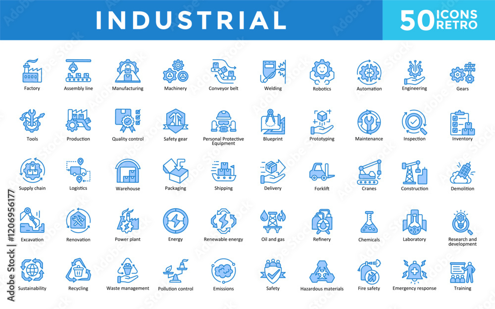 Industrial icon set with factory, assembly line, manufacturing ...