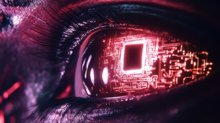 Poster - Close-up View of a Futuristic Cybernetic Eye with Glowing Circuitry, Depicting Advanced Technology and Artificial Intelligence Integration in a Surreal Style
