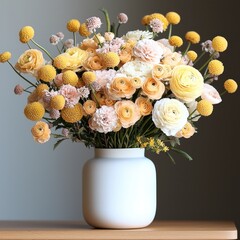Poster - A centerpiece in a small white ceramic cylinder vase with peach colored stock, yellow billy balls, pink anemone, pink mini carnations, light pink roses, peach ranunculus and chamomile.