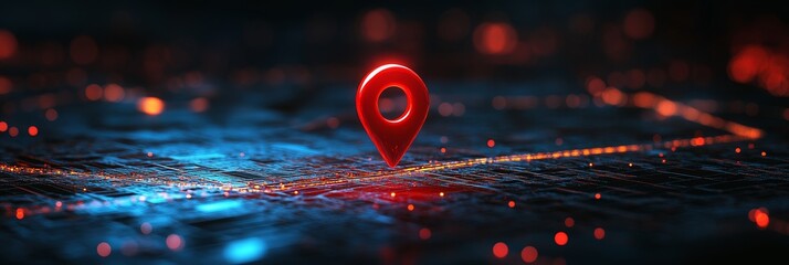 Poster - Glowing red location pin on dark digital map.