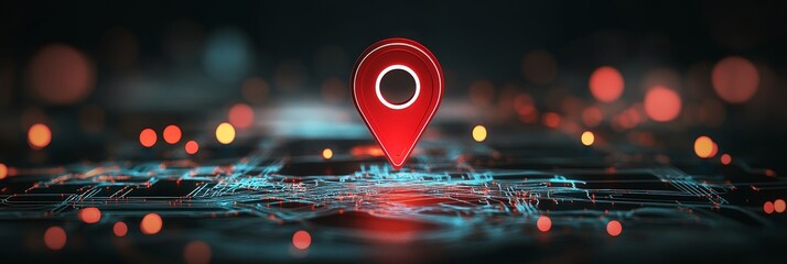 Poster - Red location pin on digital map.
