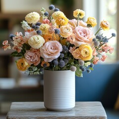 Poster - A centerpiece in a small white ceramic cylinder vase with peach colored stock, yellow billy balls, pink anemone, pink mini carnations, light pink roses, peach ranunculus and chamomile.