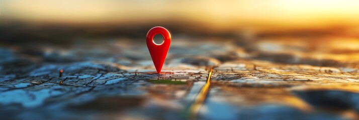 Poster - Red location pin on textured surface at sunset.