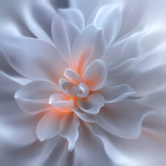 Fototapete - The translucent white petals of the abstract flower gently curve around the bright orange light, creating a sense of lightness and organicism in futuristic minimalism