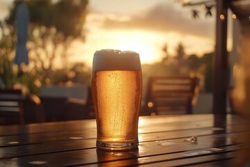 glass of frothy, cold beer on an outdoor table, golden hour.