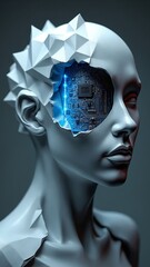 Fototapete - Abstract human head sculpted from intricately folded, layered origami paper with exposes of glowing circuits