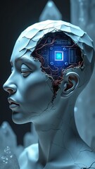 Fototapete - Abstract human head sculpted from intricately folded, layered origami paper with exposes of glowing circuits