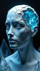 Fototapete - Abstract human head sculpted from intricately folded, layered origami paper with exposes of glowing circuits