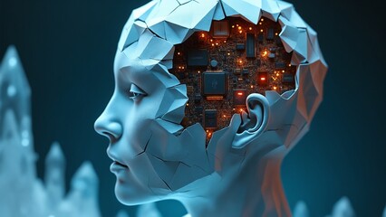 Fototapete - Abstract human head sculpted from intricately folded, layered origami paper with exposes of glowing circuits