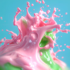 Leinwandbilder - Energetic burst of bright liquids in pinks and greens, surrounded by splashes and drops. The blue background adds freshness and lightness to the composition