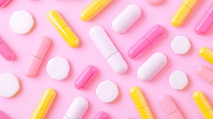 Poster - Geometric Capsules, a vibrant display of colorful medicine capsules arranged in a striking pattern, showcasing their unique shapes and hues.