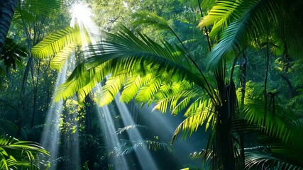 Aufkleber - Sunshine rays glow through lush greenery in a vibrant forest at midday, Forest sunshine with rays of light glow through trees in Australian jungle