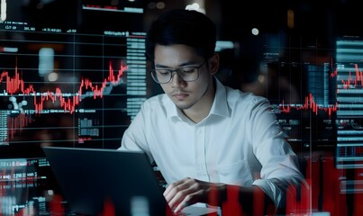 Poster - Data analyst immersed in analysis, laptop open, notes scattered, focused expression, vibrant workspace, colorful charts and graphs visible.